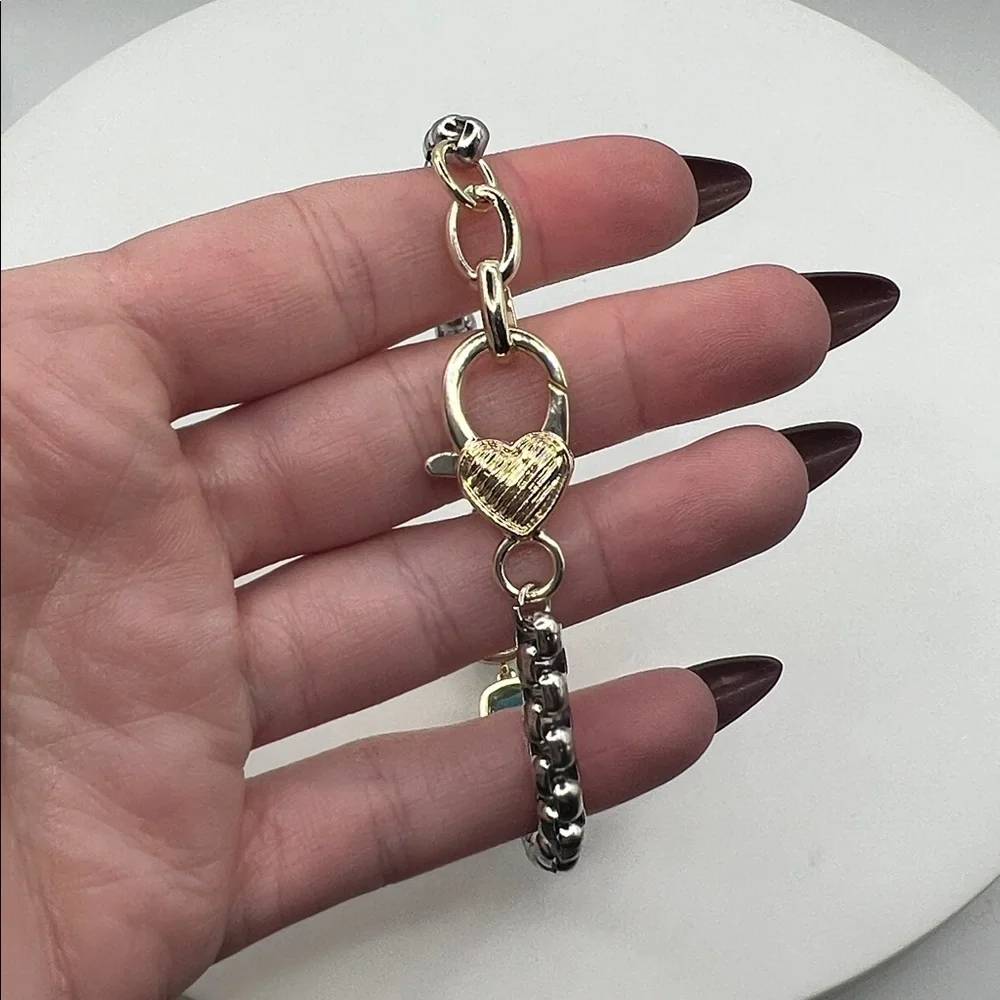 1394. 18k White Gold Plated and 18k Gold Plated Marine Blue Bracelet 7 1/4” - 8”